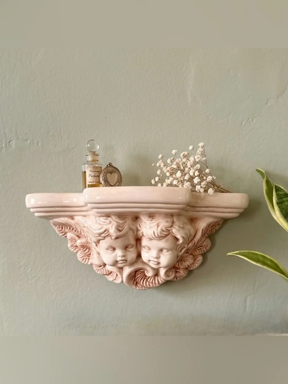 Vintage Cherub Angel Wall Shelf Sconce Ceramic Peach Pink Cottagecore 10.5x5”